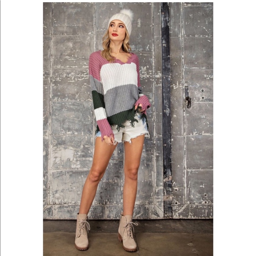 Off-Shoulder Deep V-Neck Distressed Sweater - Picture 2 of 4